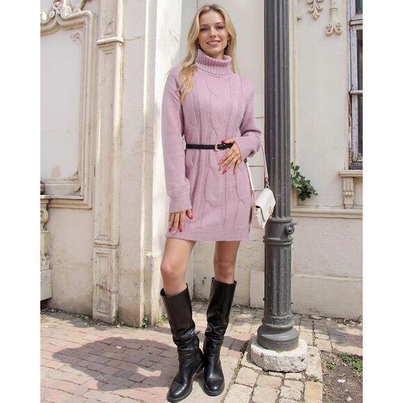 Women's Long Sleeve Turtleneck Sweater Dresses Ribbed Knit Midi Dress Purple - Picture 2 of 4